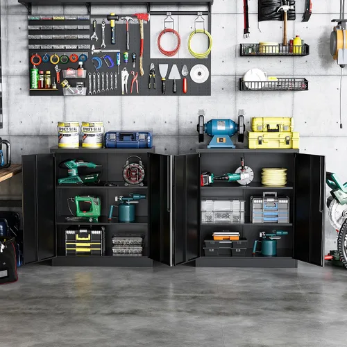 Vista 3 de Armario de almacenamiento de metal con 2 puertas, gabinete de almacenamiento de acero con cerradura con 2 puertas y estantes ajustables, gabinete