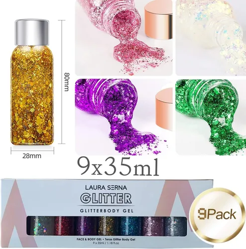 Vista 5 de Paquete de 9 unidades de gel de purpurina corporal, lentejuelas de sirena, purpurina gruesa, para el cabello, uñas, labios, loción brillante
