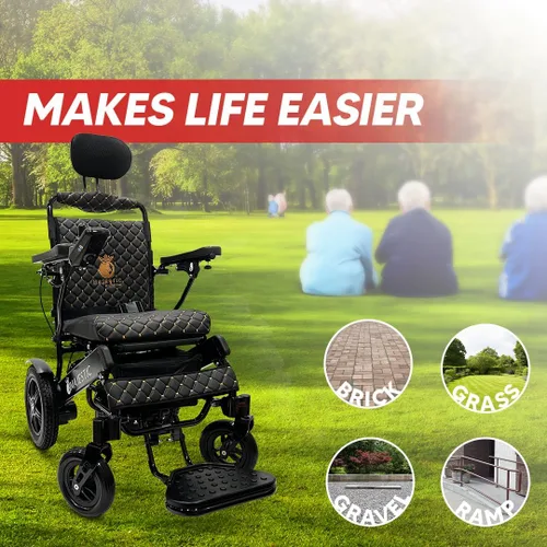 Vista 8 de Silla de ruedas motorizada eléctrica ligera para personas mayores y adultos, reclinación automática plegable de largo alcance con potente motor