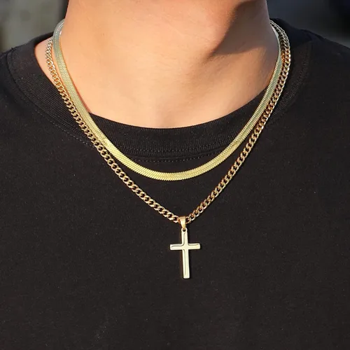 Vista 2 de Collar de cruz para hombres y niños, de acero inoxidable en capas, cadena de espiga cubana, colgante de cruz religiosa, joyería de moda, regalos
