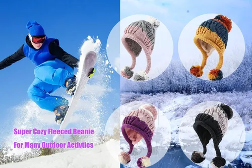Vista 8 de HUAMULAN - Gorro de invierno para mujer estilo peruano con forro polar, solapas para orejas, doble capa, con pompones