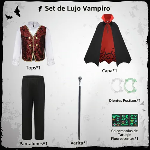 Vista 2 de Disfraz de vampiro para niños, disfraz gótico de vampiro, disfraz de Halloween, capa de disfraces, accesorios de vestimenta Conjunto de disfraz