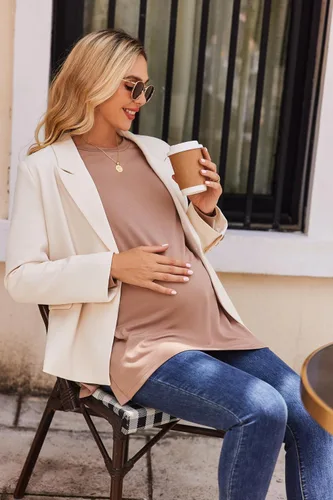 Vista 4 de Ekouaer Camisas de maternidad para mujer, manga larga, con abertura lateral, camiseta de embarazo, blusa tipo túnica, ropa casual para mamá