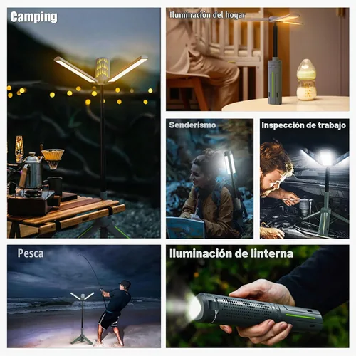 Vista 6 de Luces de campamento recargables con soporte, luces de trabajo telescópicas inalámbricas con 3 cabezales de lámpara LED, linterna de trípode