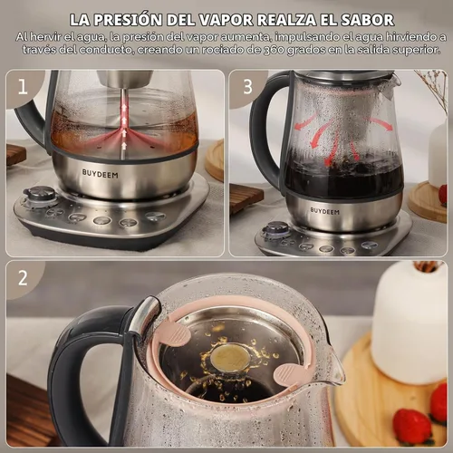 Vista 2 de BUYDEEM K176 - Tetera eléctrica multifuncional de acero inoxidable para preparar té y café, mantener el calor automático, 5 controles de sabor, 1.5L