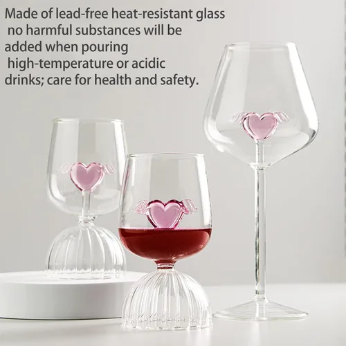 Vista 4 de Juego de 2 copas de copa de vino tinto con corazón rosa, juego de copas de cóctel para boda, copas de champán creativas para boda, aniversario
