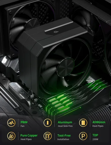 Vista 5 de Enfriador de aire de CPU con tubos de calor de 4X6mm, enfriador de CPU de ventilador de 120mm 1650rpm, enfriador de CPU AMD AM5/AM4/AM3 Serie