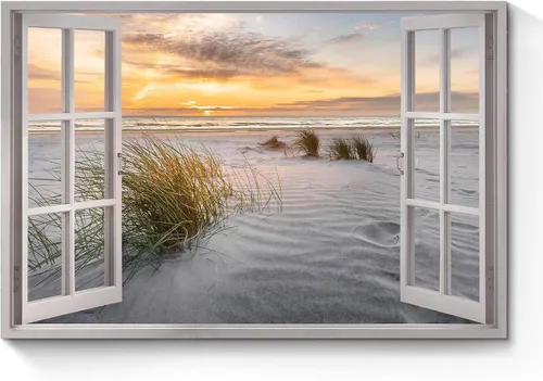 Vista 10 de Arte de Lienzo de Ventana Abierta para Pared: Paisaje Costero de Playa al Atardecer Vista de Ventana Falsa Imagen Olas Azules del Océano Pintura