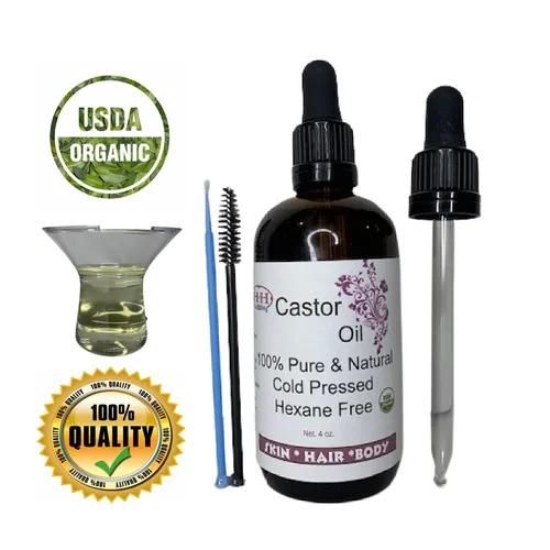 Vista 2 de Paquete de iniciación de aceite de ricino prensado en frío, sin hexano, orgánico holístico para cabello y piel, botella de ámbar de vidrio de 4 onzas
