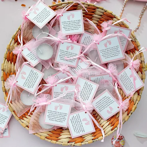 Vista 2 de Juego de 50 velas de té para recuerdos de fiesta de baby shower, recuerdos de bautizo para invitados, recuerdos de revelación de género de niña, Rosa