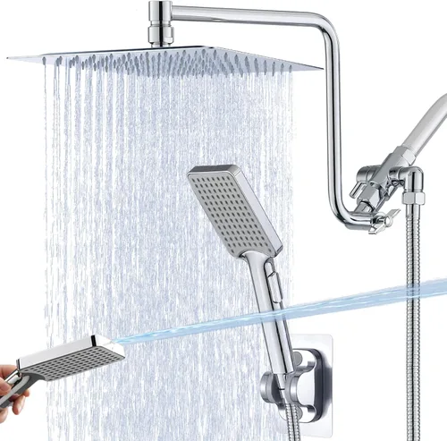 Vista 13 de Cabezal de ducha de 8 pulgadas para California con combo de mano, brazo de extensión de 12 pulgadas de altura ajustable, cabezal de ducha de acero