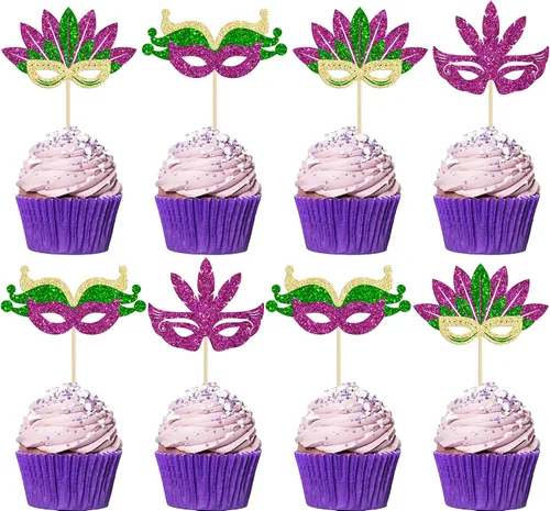 Vista 14 de 24 máscaras de mascarada, adornos para cupcakes, color negro y dorado con purpurina para despedida de soltera, para fiestas de cumpleaños, fiestas