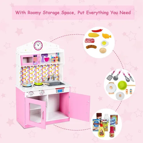 Vista 3 de ARLIME Juego de cocina para niños, cocina de juguete de madera con fregadero extraíble, microondas, utensilios de cocina, armario de almacenamiento