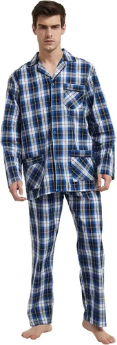 Vista 5 de GLOBAL Conjunto de pijama de 100 % algodón para hombre, pijama de manga larga con botones para hombre, ropa de dormir suave y cómoda