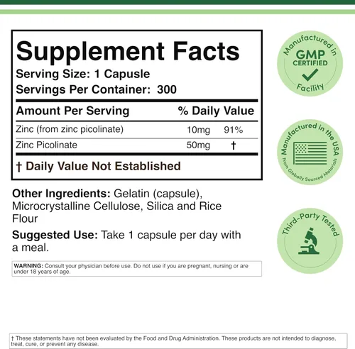 Vista 4 de Picolinato de zinc 50 mg, 300 cápsulas (apoyo inmunológico) sin OMG, sin gluten (suministro para 300 días) por Double Wood Supplements