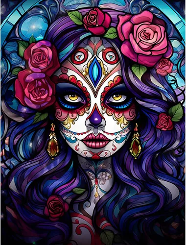Vista 13 de Pintura de diamantes de calavera de azúcar 5D, kit de numeración, arte del día de la muerte, arte de pared de rosa roja, arte de pared con diamantes