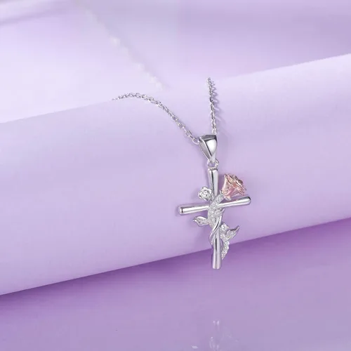 Vista 3 de Distance S925 Sterling Silver Rose Flower Necklace, Rose Bracelet, Two-Tone Cross Pendant Necklaces for Women Girls Gift for Valentine Birthday