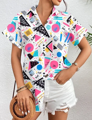 Vista 3 de Trajes de los años 80 para mujer, camisa de neón de los años 80 y 90, camisa retro para fiesta temática de discoteca, camisa hawaiana con botones