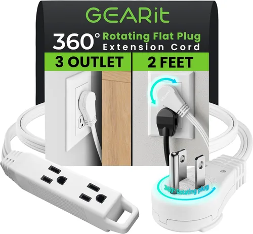 Vista 52 de GEARit Cable de extensión de enchufe plano giratorio de 360° de 3 pies, cable de alimentación de perfil bajo de 3 salidas, ahorro de espacio
