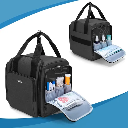 Vista 4 de BAFASO Bolso grande organizador de pastillas con 4 bolsas interiores extraíbles, bolsa de medicina con correa para el hombro (SÓLO LA BOLSA), negro