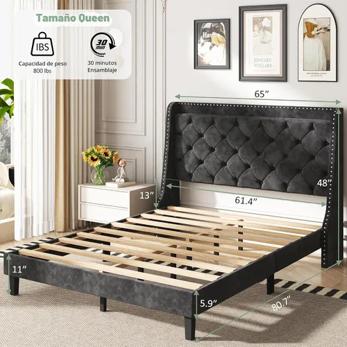 Vista 2 de SUNLEI Base de cama tamaño Queen con botón capitoné y tela de terciopelo, marco de cama con cabecera de almacenamiento con respaldo de ala, listones