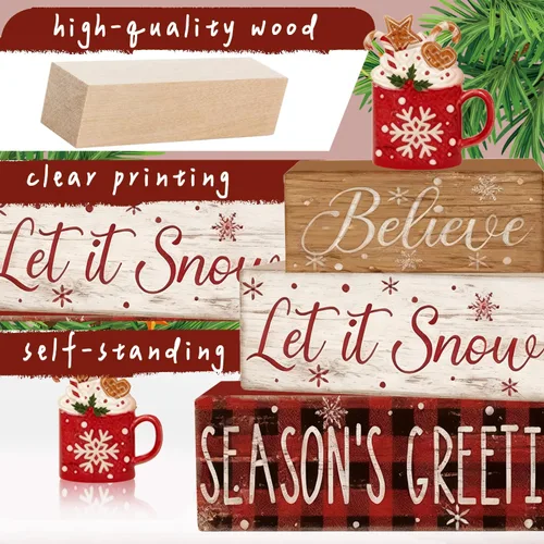 Vista 4 de 4 piezas de decoraciones navideñas para interiores - Decoración de mesa de madera de cacao para el hogar - Centro de mesa navideño para la mesa