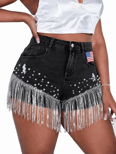 Vista 8 de LifeShe Pantalones cortos de mezclilla para mujer con cuentas de perlas de diamantes de imitación