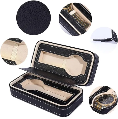 Vista 4 de Fundas de reloj de viaje para hombres, funda de almacenamiento de piel sintética con cremallera, organizador de relojes, 2 muescas de lugar, funda