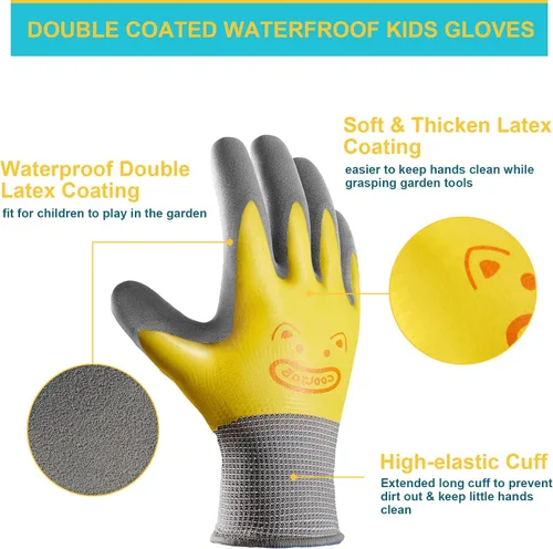 Vista 3 de COOLJOB 2 pares de guantes de jardinería impermeables para niños de 2 a 4 años, revestimiento de goma antideslizante de doble capa, guantes
