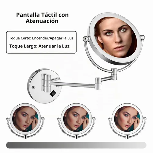 Vista 2 de Espejo de maquillaje iluminado de pared de 8 pulgadas, espejo de tocador con aumento 1X/5X de doble cara con 3 luces LED de color, control táctil