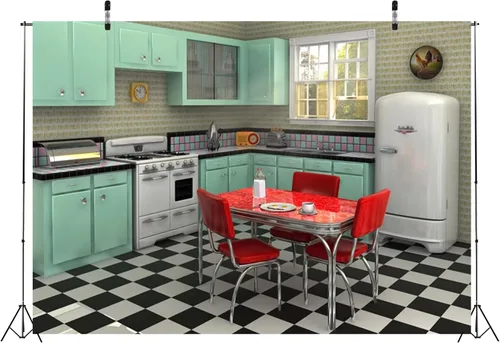 Vista 4 de Telón de fondo retro de tela de 5 x 3 pies para fotografía interior, cocina, comedor, escena, fondo de los años 50, decoración de cumpleaños