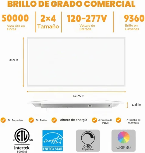 Vista 4 de OKQ - Lámpara LED de panel plano de 2 x 4 pulgadas, 5 CCT 3000K-6500K ajustables y 5 vatios seleccionables, 0-10 V regulable, luz de techo LED