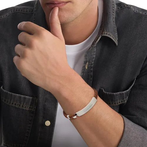 Vista 3 de Calvin Klein Men's Leather Bracelet Modern Essential with Braided Leather and Polished ID Plaque