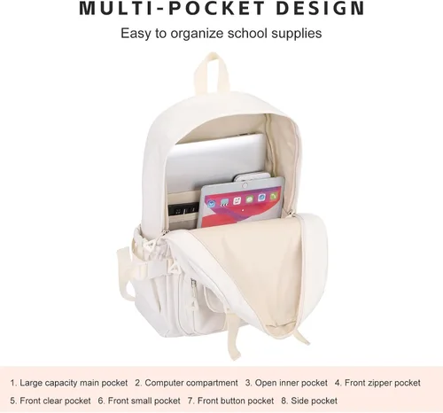 Vista 6 de Phaoullzon Mochila Kawaii para niñas, mochila escolar linda de anime con alfileres y colgante, Beige, Mediana, Moderno