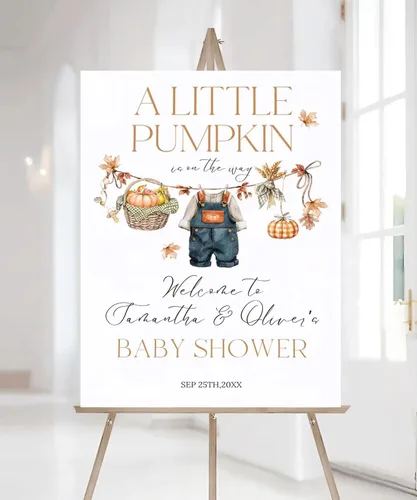 Vista 9 de Letrero de bienvenida de calabaza azul para baby shower con nombre personalizado, decoración de fiesta temática de calabaza pequeña para niño