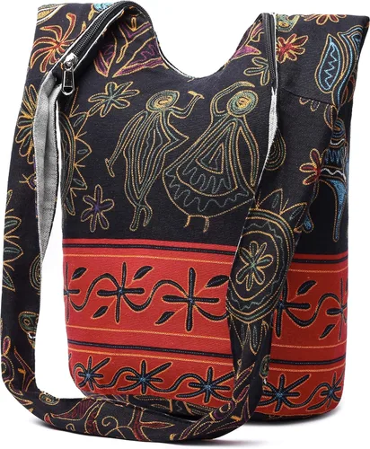 Vista 8 de Bolsa de hombro para mujer, de lona en estilo hippiebohemio para llevar cruzada al hombro, disponible en diferentes colores y estampados