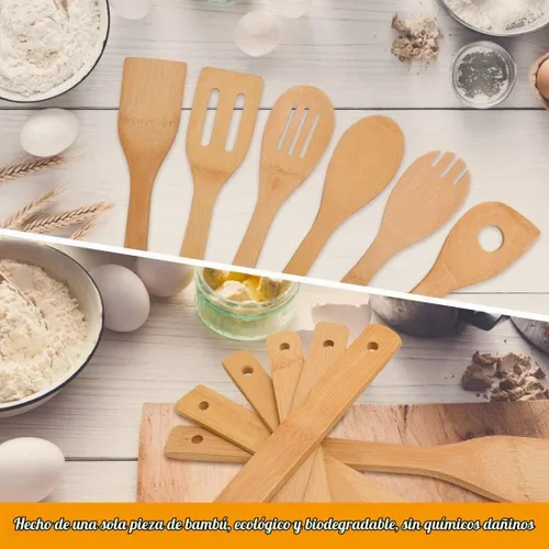 Vista 4 de Utensilios de cocina de bambú, 6 piezas de espátula antiadherente con asas, juego de espátulas resistentes al calor, utensilios de cocina