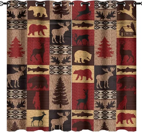 Vista 47 de Cortinas de oscurecimiento estilo campestre con osos, alces y ciervos, cortinas opacas para ventanas con ojales, tratamiento de ventanas eficiente