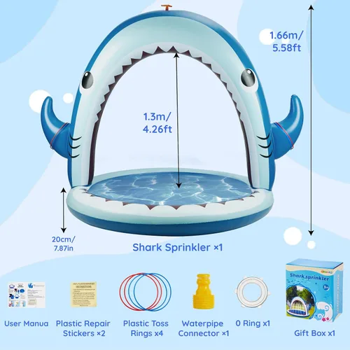 Vista 6 de Gleamkid Aspersor de tiburón gigante para niños, juguetes inflables de agua con rociador de 360°, 4 anillos de lanzamiento de plástico, juego