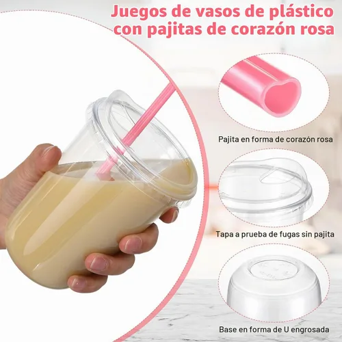 Vista 4 de Ziliny 25 juegos de vasos de plástico con pajitas y tapas de corazón rosa