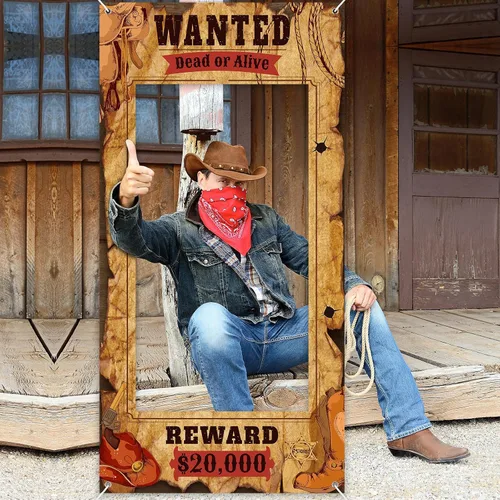 Vista 5 de Funrous Wanted Poster Photo Prop Western Photo Booth Prop - Marco grande para selfies, cartel de tela, cartel de fondo para decoración de fiesta