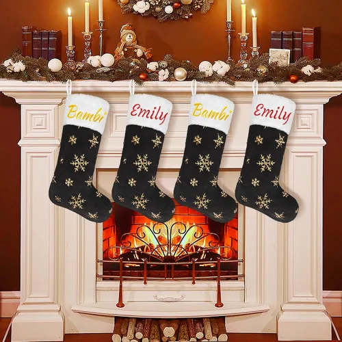 Vista 6 de Calcetines negros de piel sintética de Navidad, 1 paquete grande de 22 pulgadas, medias colgantes de felpa negra con nombre personalizado con copos