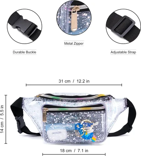Vista 3 de Cangurera holográfica con diseño de cielo estrellado y lunares morados para mujer, ideal para juegos, conciertos, rave, festivales, viajes, Dreamy