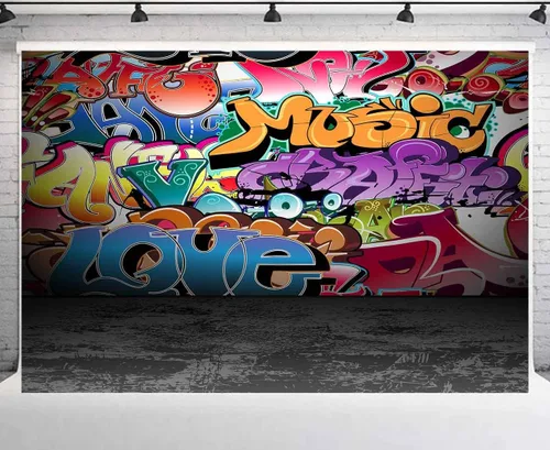 Vista 8 de Telones de fondo de fotografía de graffiti de 5 x 3 pies, colorido hip hop urbano temática sesión de fotos de regreso a la fiesta temática