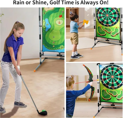 Vista 3 de Juego de astillado de golf con soporte, juego de práctica de golf multideportivo con tiro con arco, hacha, dardos, alfombrilla de golpeo de doble