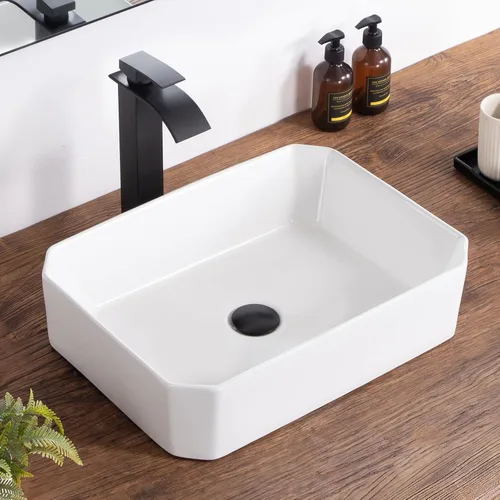 Vista 15 de Lavabo pequeño para baño tipo vasija 11.8"x11.8" pulgadas cuadrado, lavabo de baño de cerámica blanca, lavabos de baño modernos sobre encimera
