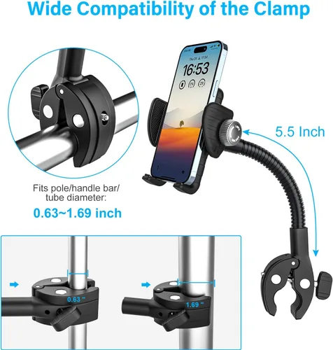 Vista 5 de Soporte de teléfono para cochecito de bebé, soporte de teléfono flexible para bicicleta, scooter, bicicleta de ejercicio, cinta de correr