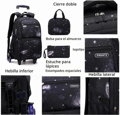 Vista 4 de VIDOSCLA Elementary Galaxy - Mochila con ruedas para adolescentes, mochila con ruedas para la escuela, Negro Azul-3pcs 6 Ruedas, 6 ruedas 3 piezas