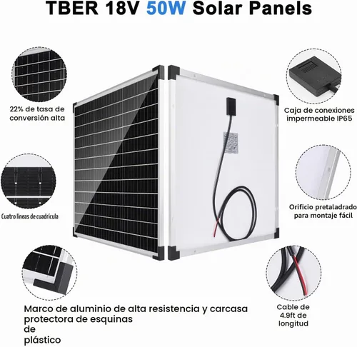 Vista 4 de TBER - Kit de panel solar de 50 W/12 V con controlador de carga de 10 A, cargador de batería solar monocristalino para mantenimiento de batería
