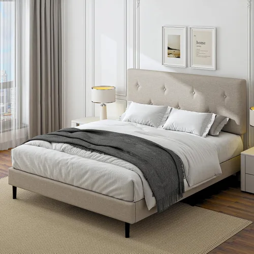 Vista 7 de Marco de cama de lino tamaño matrimonial con cabecero ajustable Beige